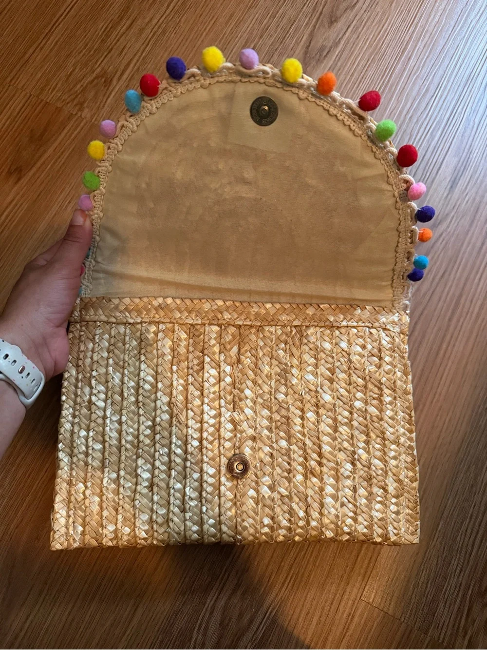 Straw Envelope Clutch with Multicolor Pom-Pom Trim